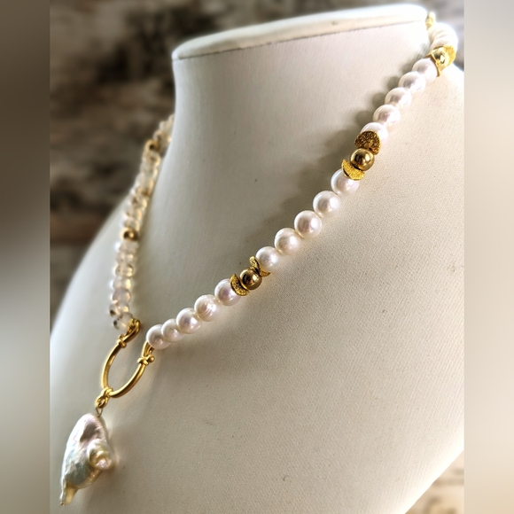 White Opal W/ Gold Specks Beads & Natural Pearls W/ Pearl Pendant Necklace - Picture 3 of 9